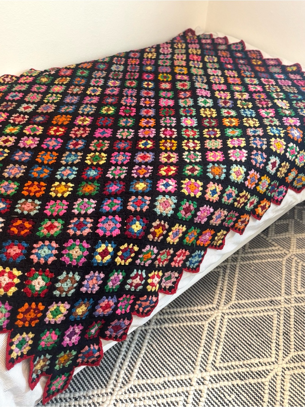 Vintage Granny Square Crochet Afghan Black Colorful Floral 54x69 Handmade - Picture 4 of 5